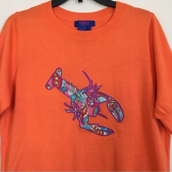 Twiggy London Orange Lobster Graphic Short Sleeve Crew Neck Knit Sweater Top - Picture 3 of 15